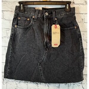 Levi's High Rise Deconstructed Denim Skirt Black Wash Raw Hem Size 4
